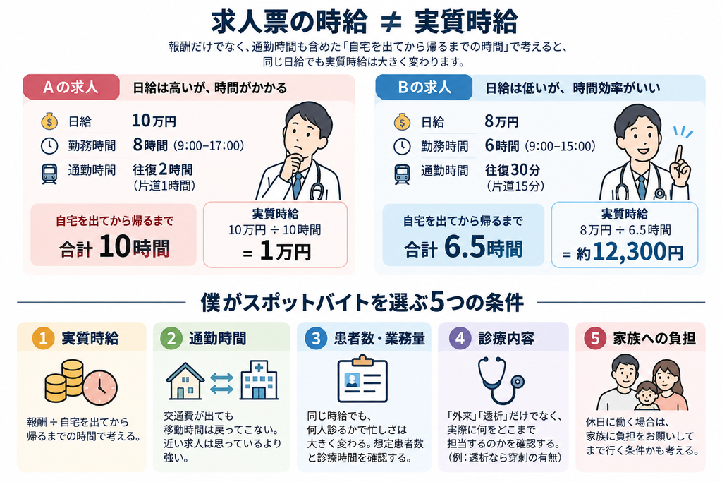 医師のスポットバイトを実質時給で比較する例と求人選びの5つの条件