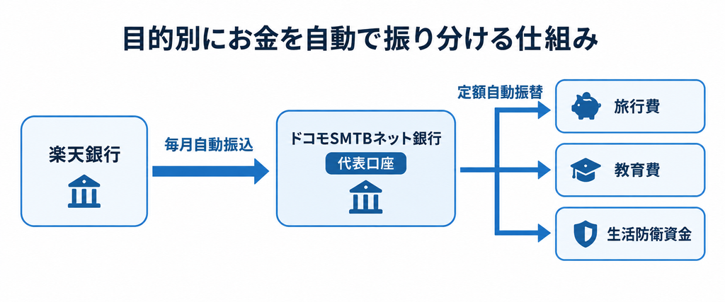 楽天銀行とドコモSMTBネット銀行で目的別にお金を自動振り分けする仕組み